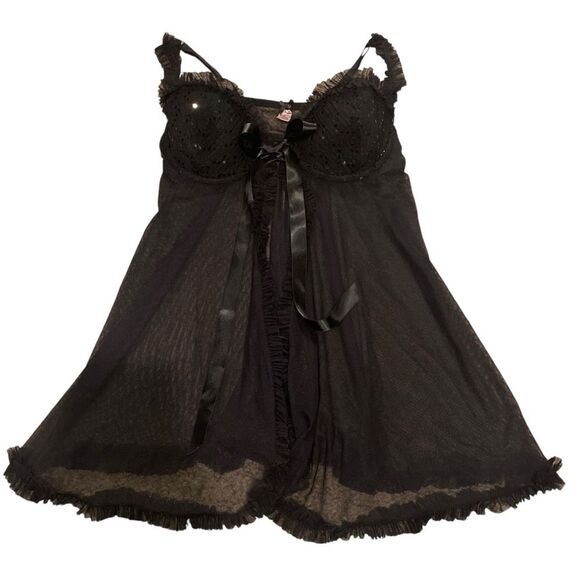 Y2K Victoria’s Secret 36B Push Up Ruffled‎ Lace Babydoll Top Black Sequin Mesh - Picture 11 of 11